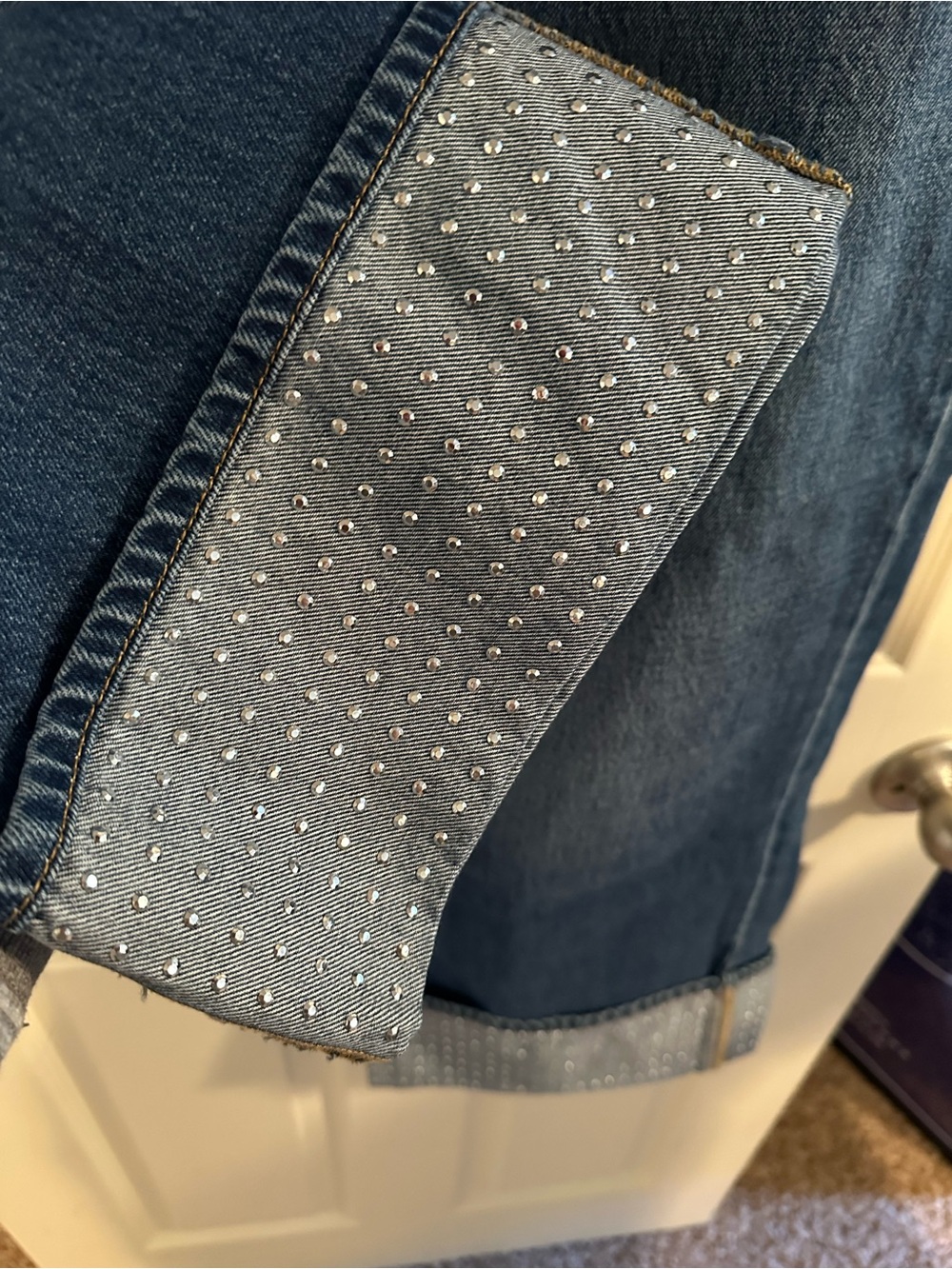 LOFT denim jeans in medium blue with embellished accents - Picture 3 of 5